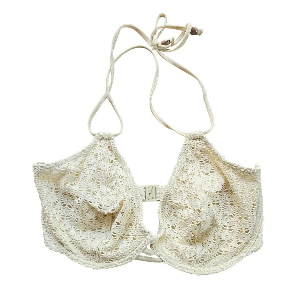 Freya Sundance White Crochet Underwire Halter Bikini Top 34H AS3903LIN Boho
